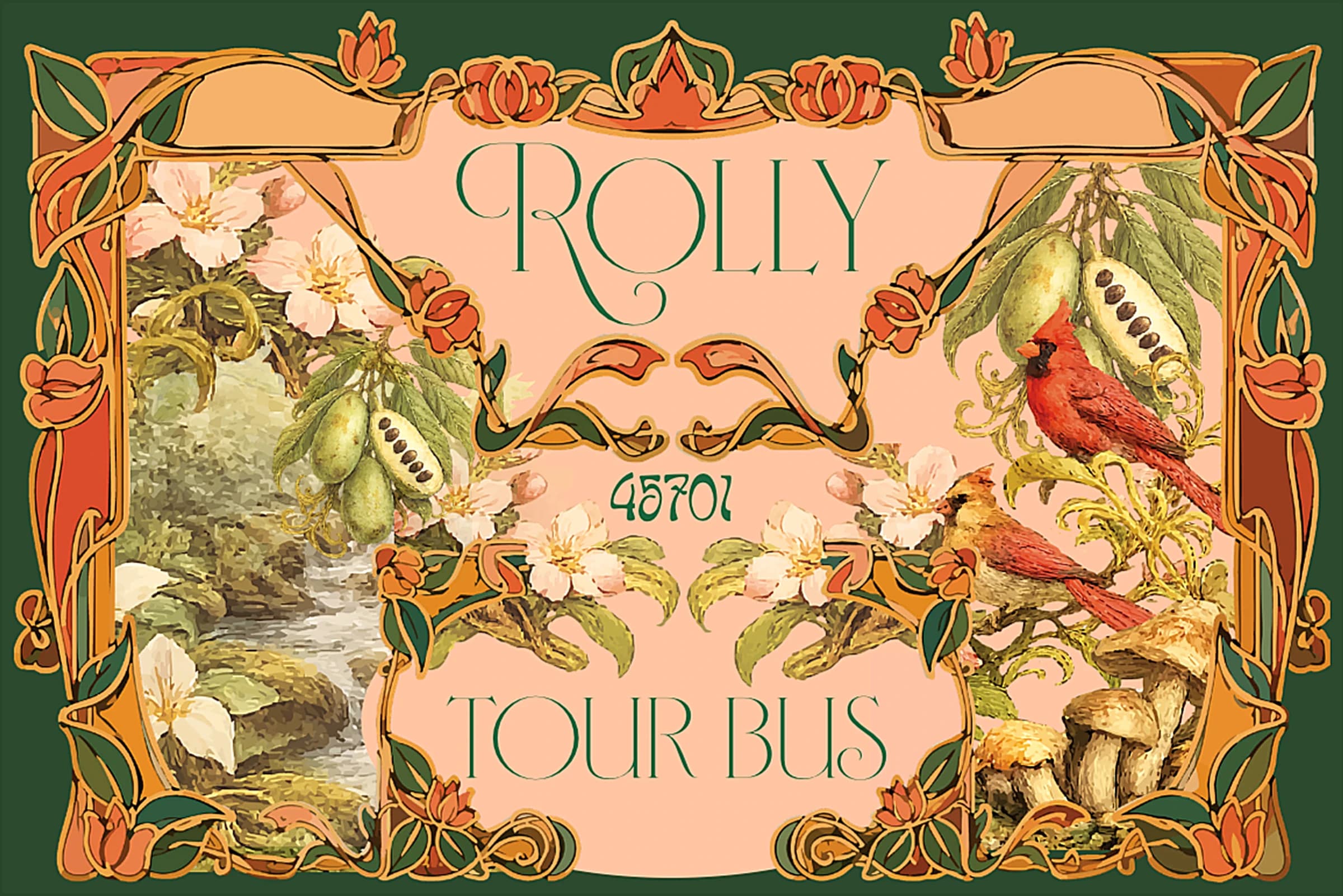 Rolly Tour Bus logo with Art Nouveau cardinals, pawpaws, and mushrooms, marked 45701